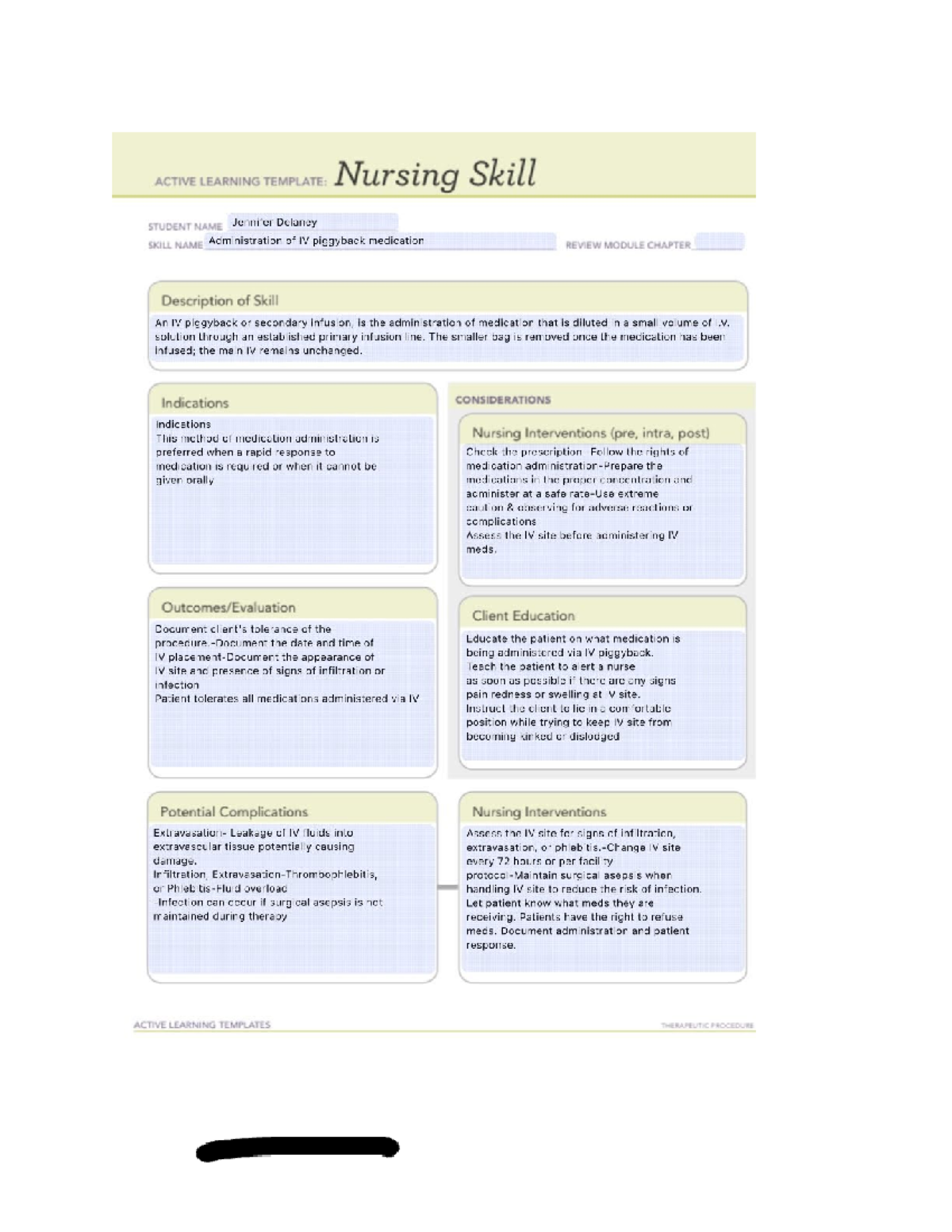 Ivpb Nursing Skill Template ACTIVE LEARNING TEMPLATE Nursing Skill STUDENT NAME Jennifer Delaney Studocu