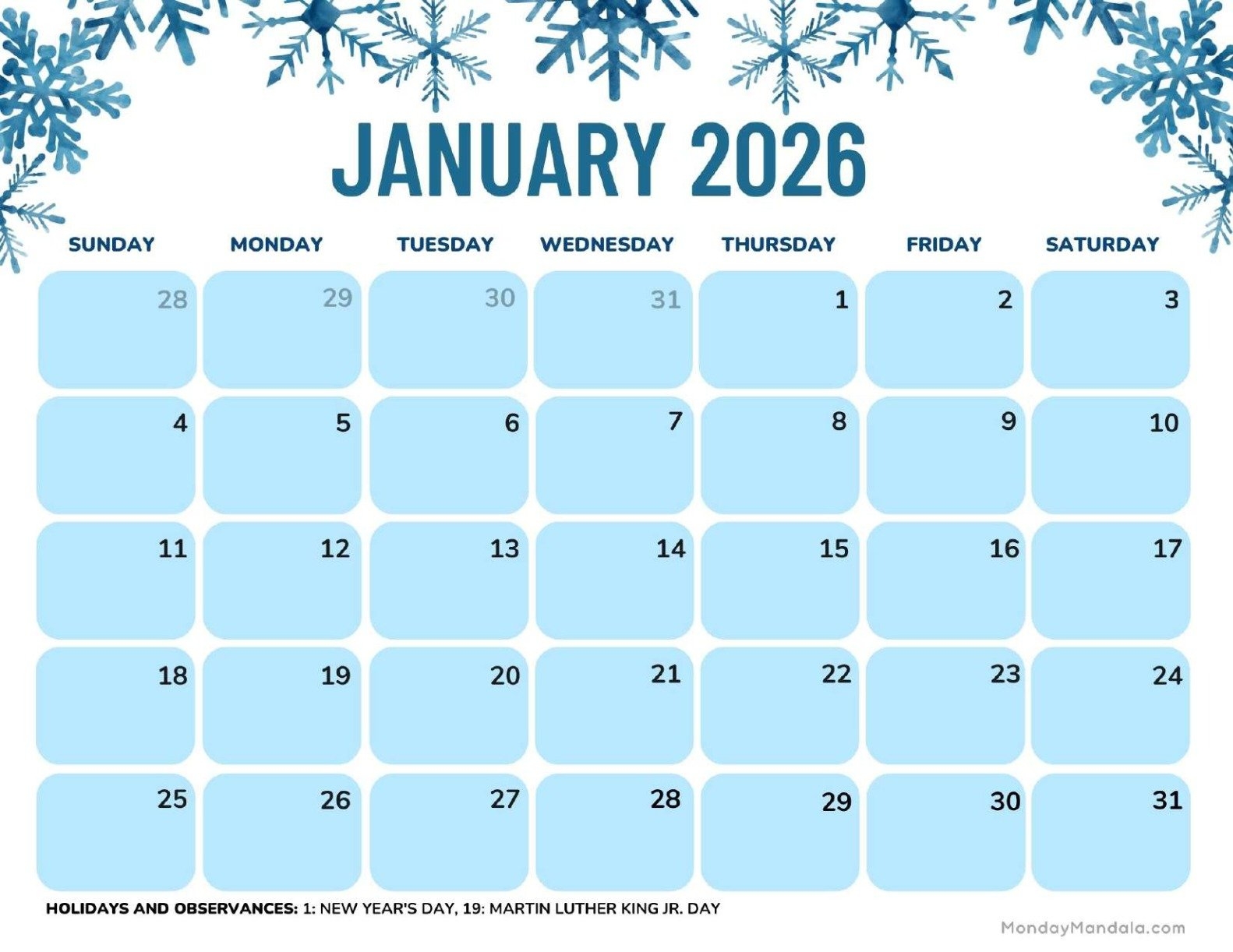 blank calendar january 2026