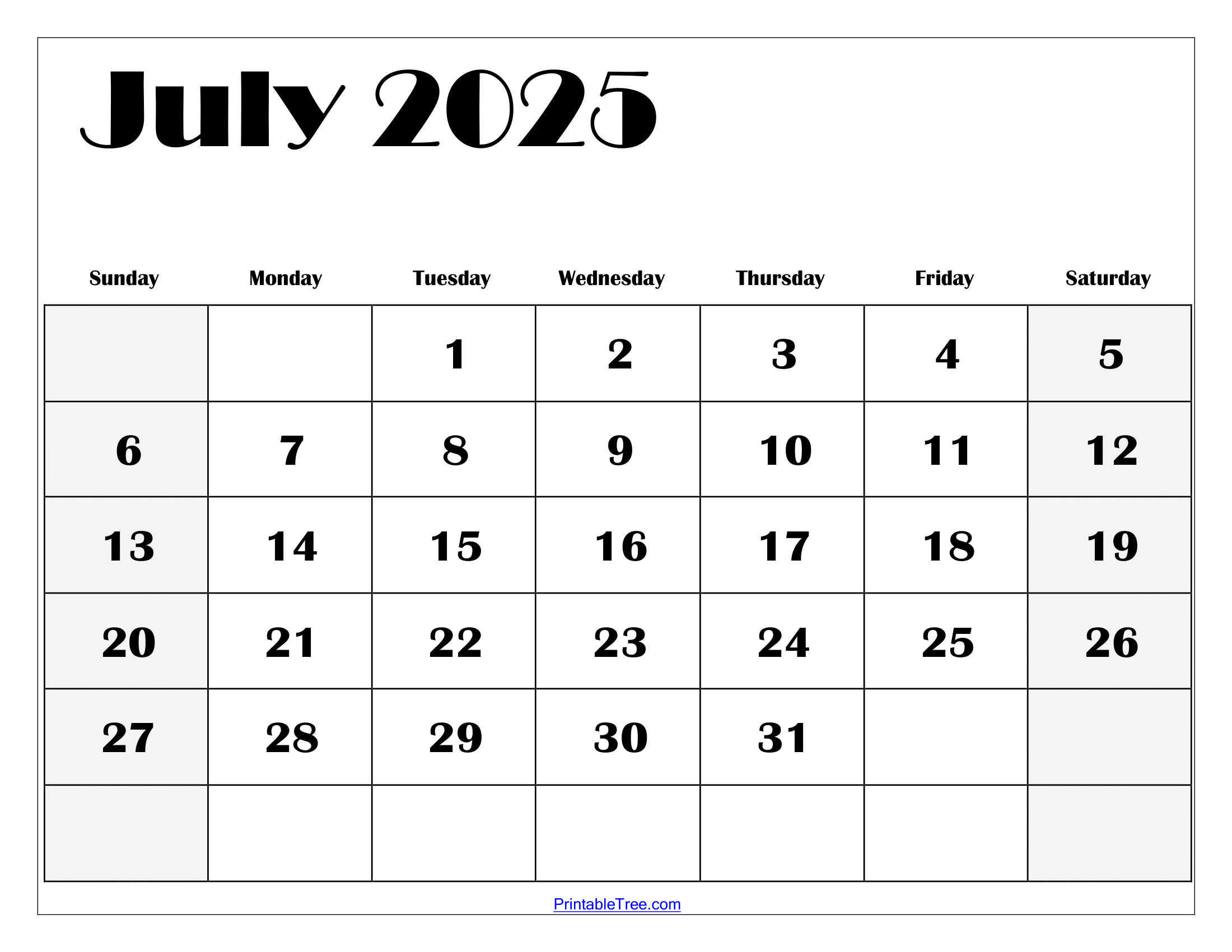 blank monthly calendar printable july 2025