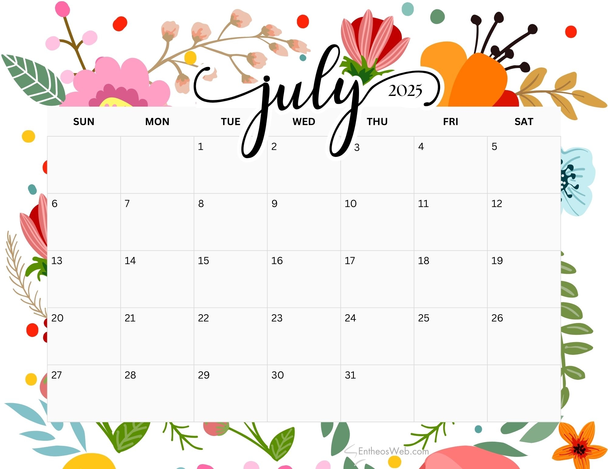 july blank calendar 2025