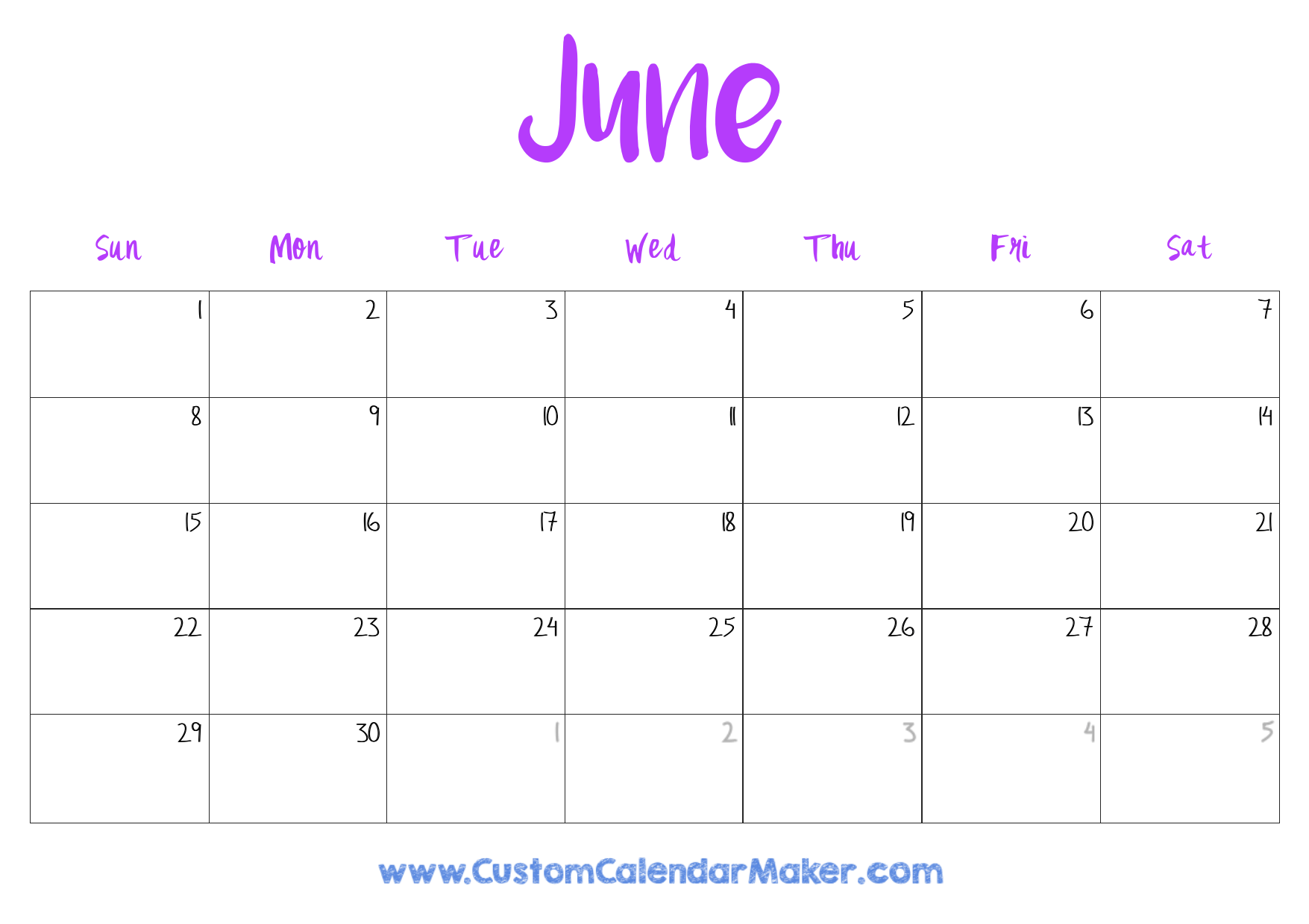blank calendar template june 2025 printable