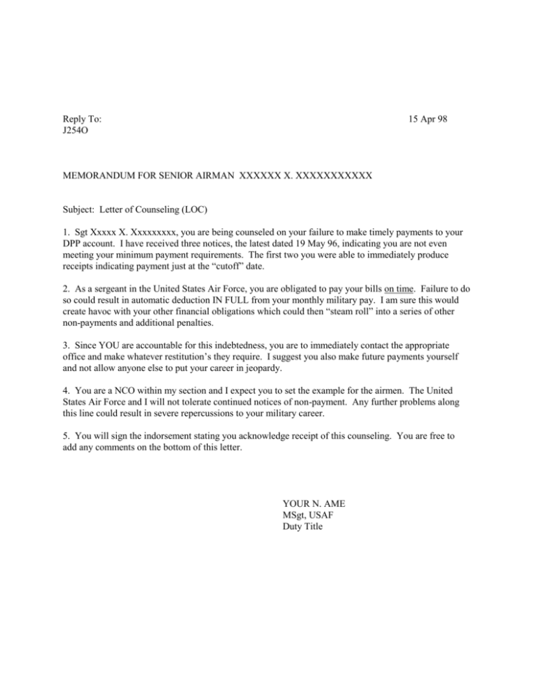 Letter Of Counseling Air Force Payment Issues