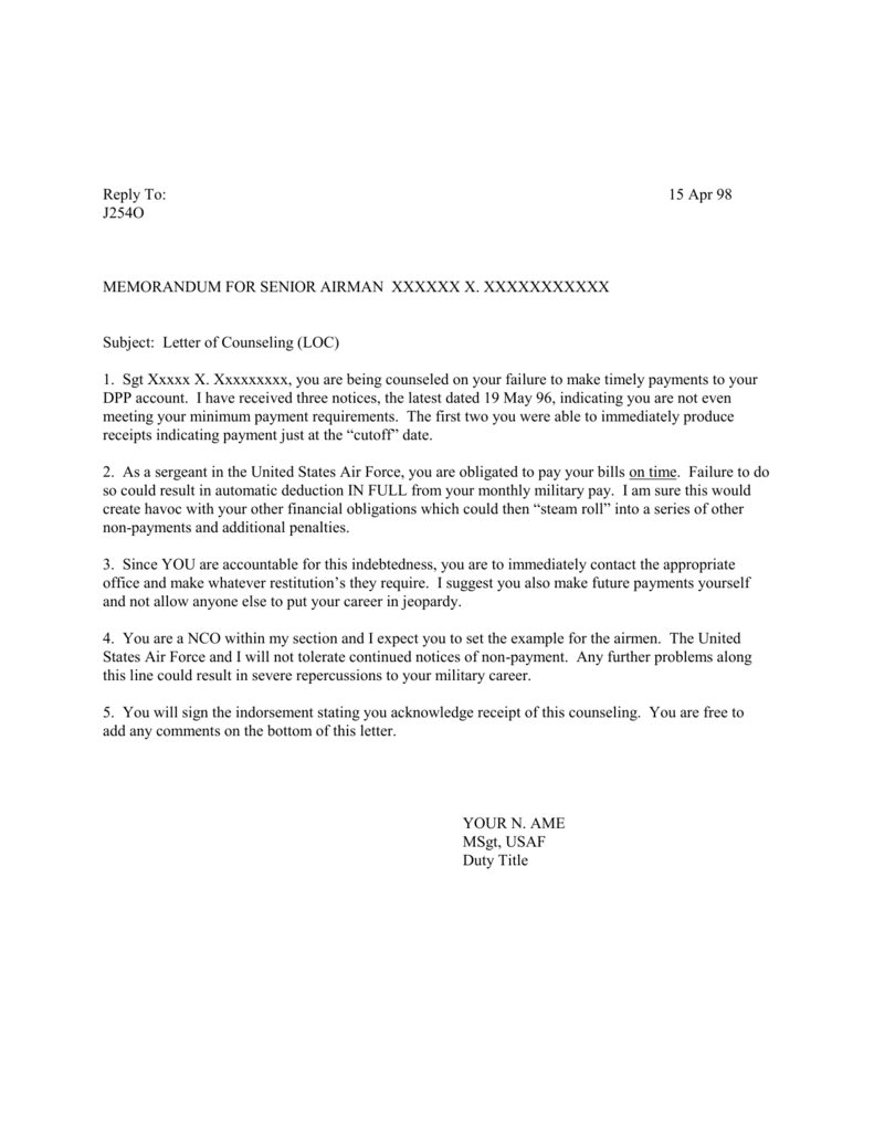 Letter Of Counseling Air Force Payment Issues