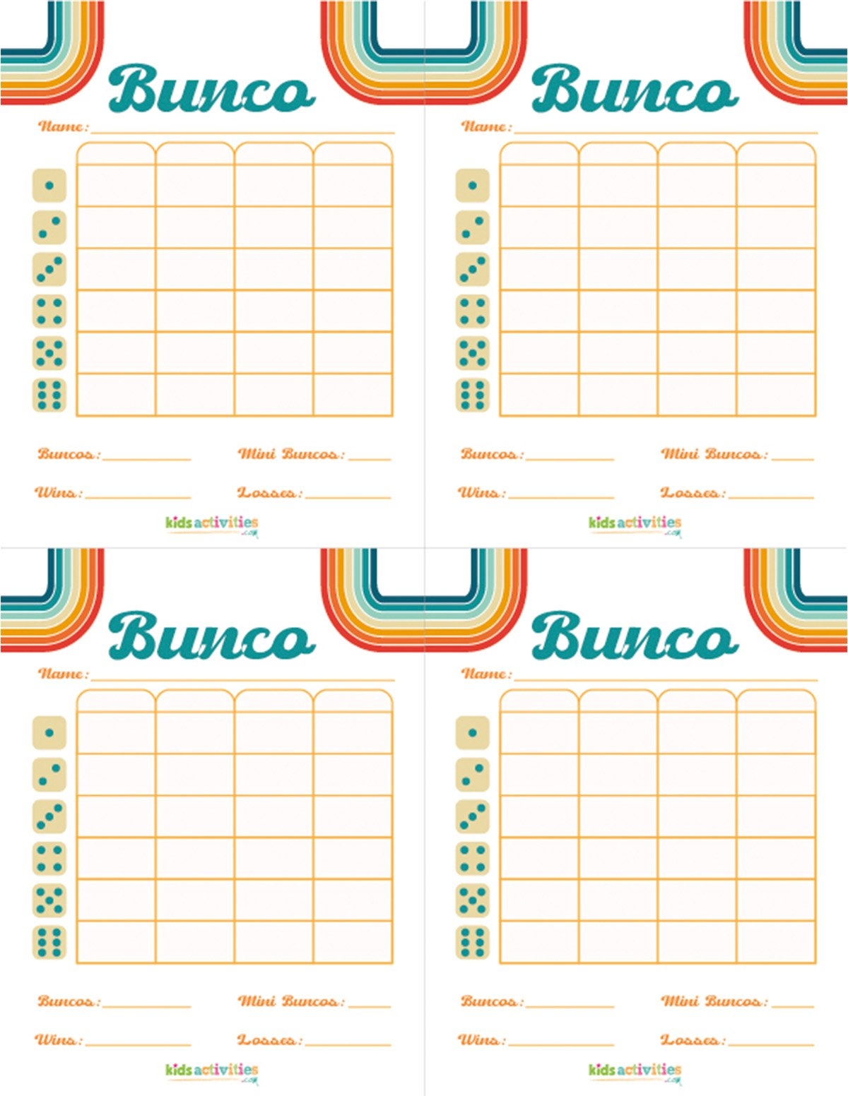 free bunco printable score sheets