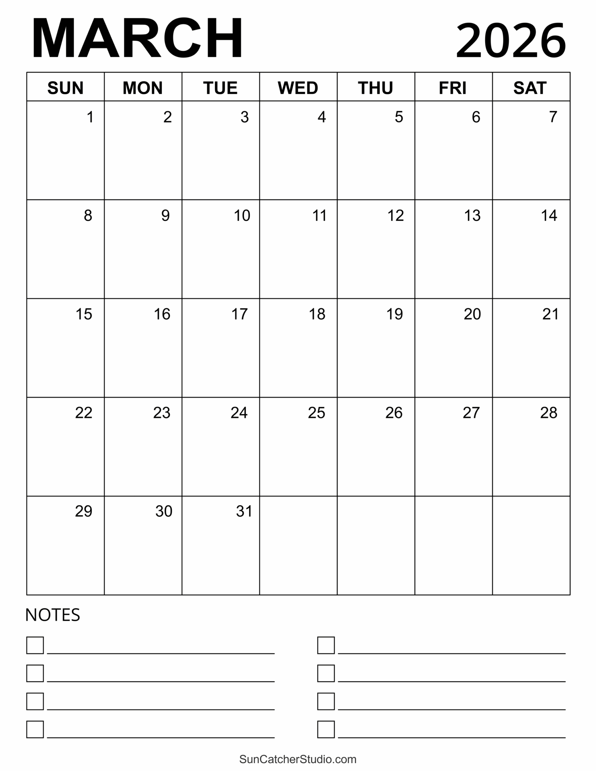 blank march 2026 calendar printable pdf