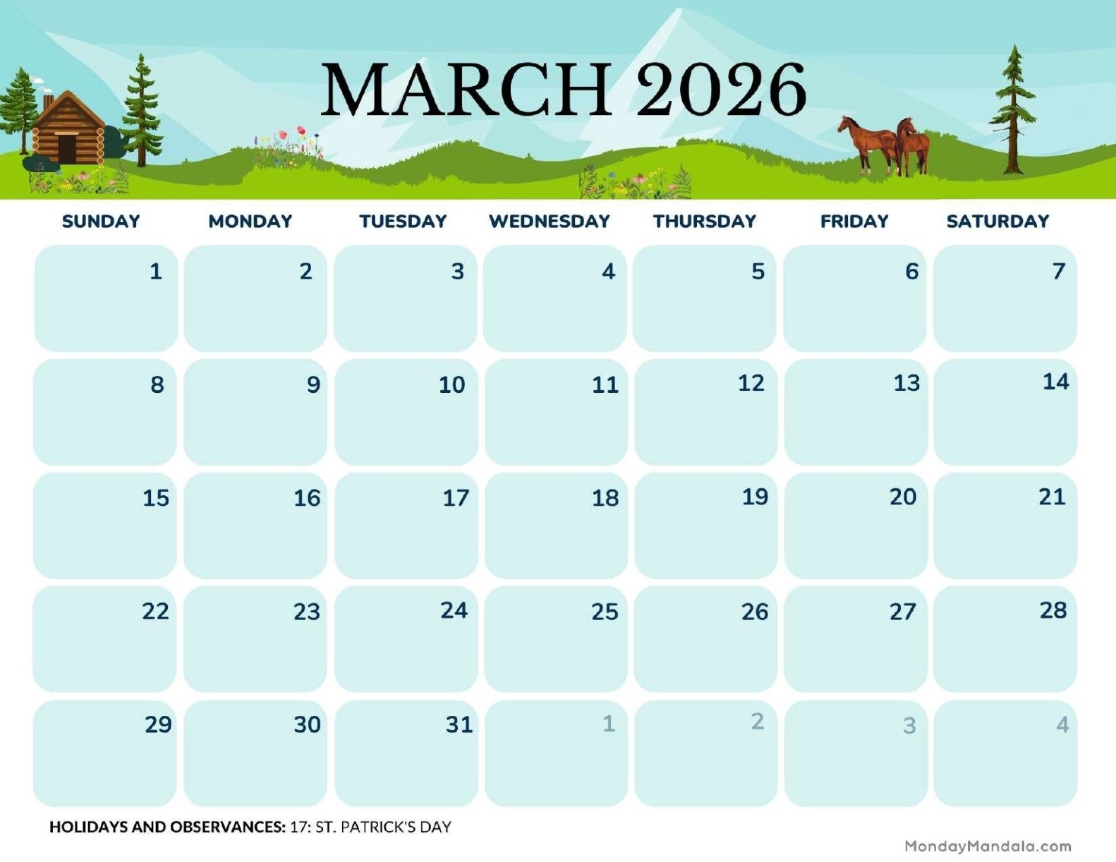 blank march 2026 calendar
