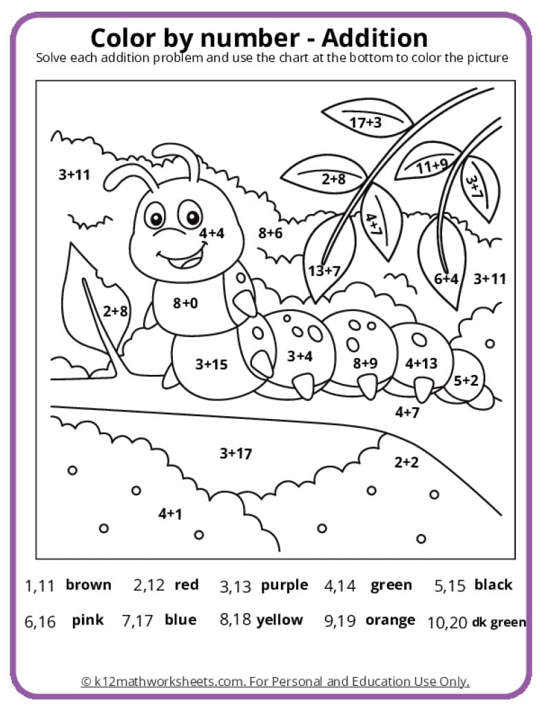 addition color by number printable