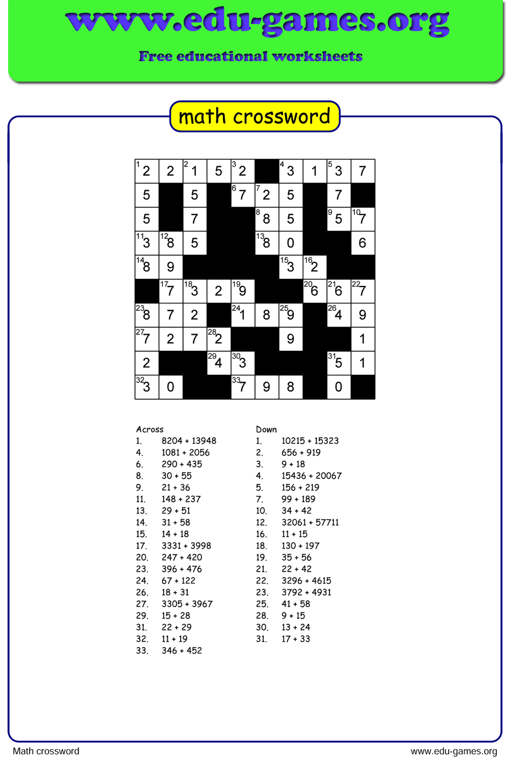 printable math crossword puzzles