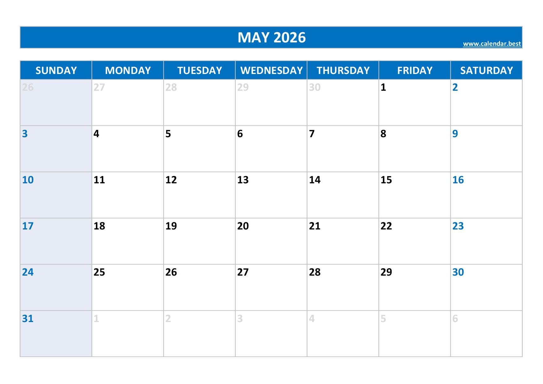 blank calendar may 2026 printable