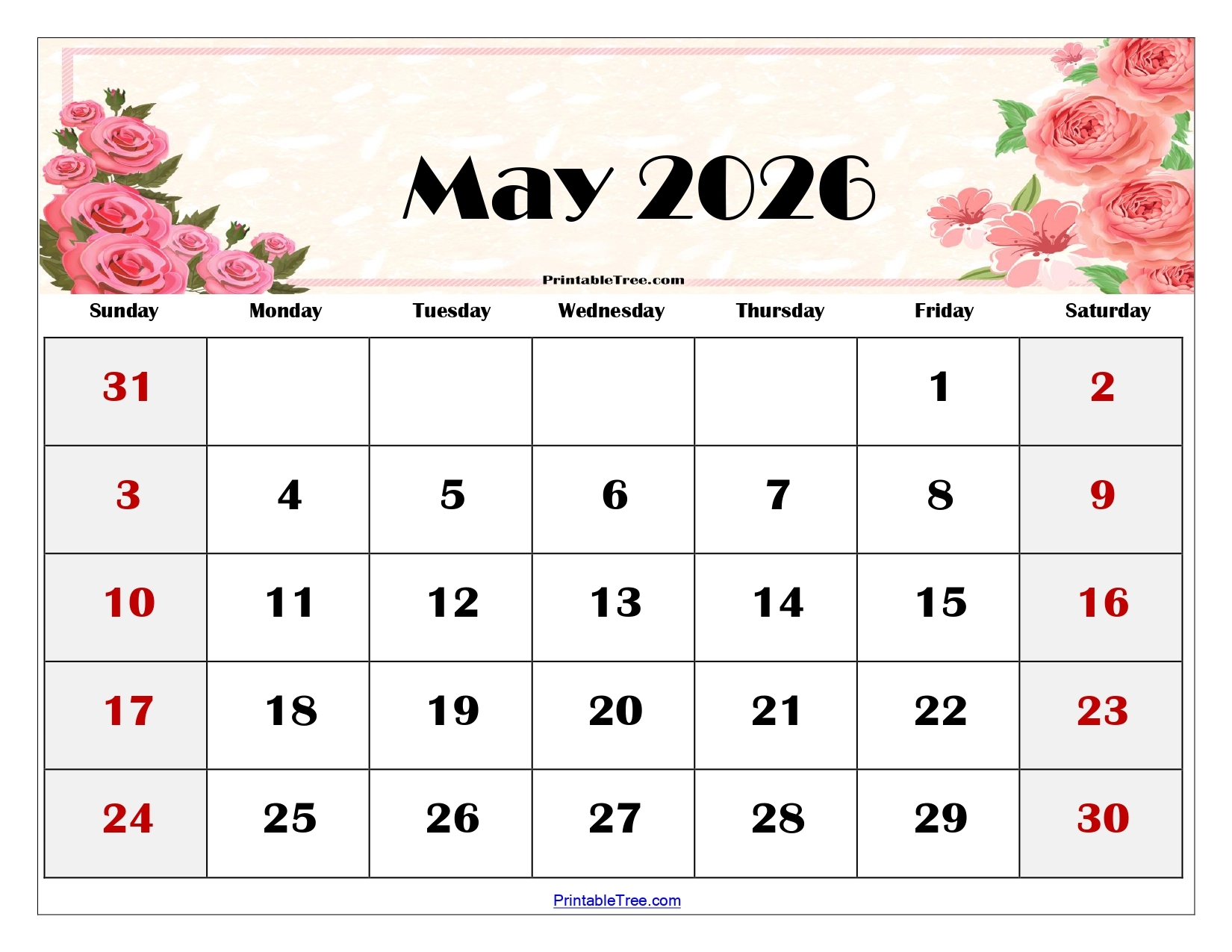 blank calendar 2026 may