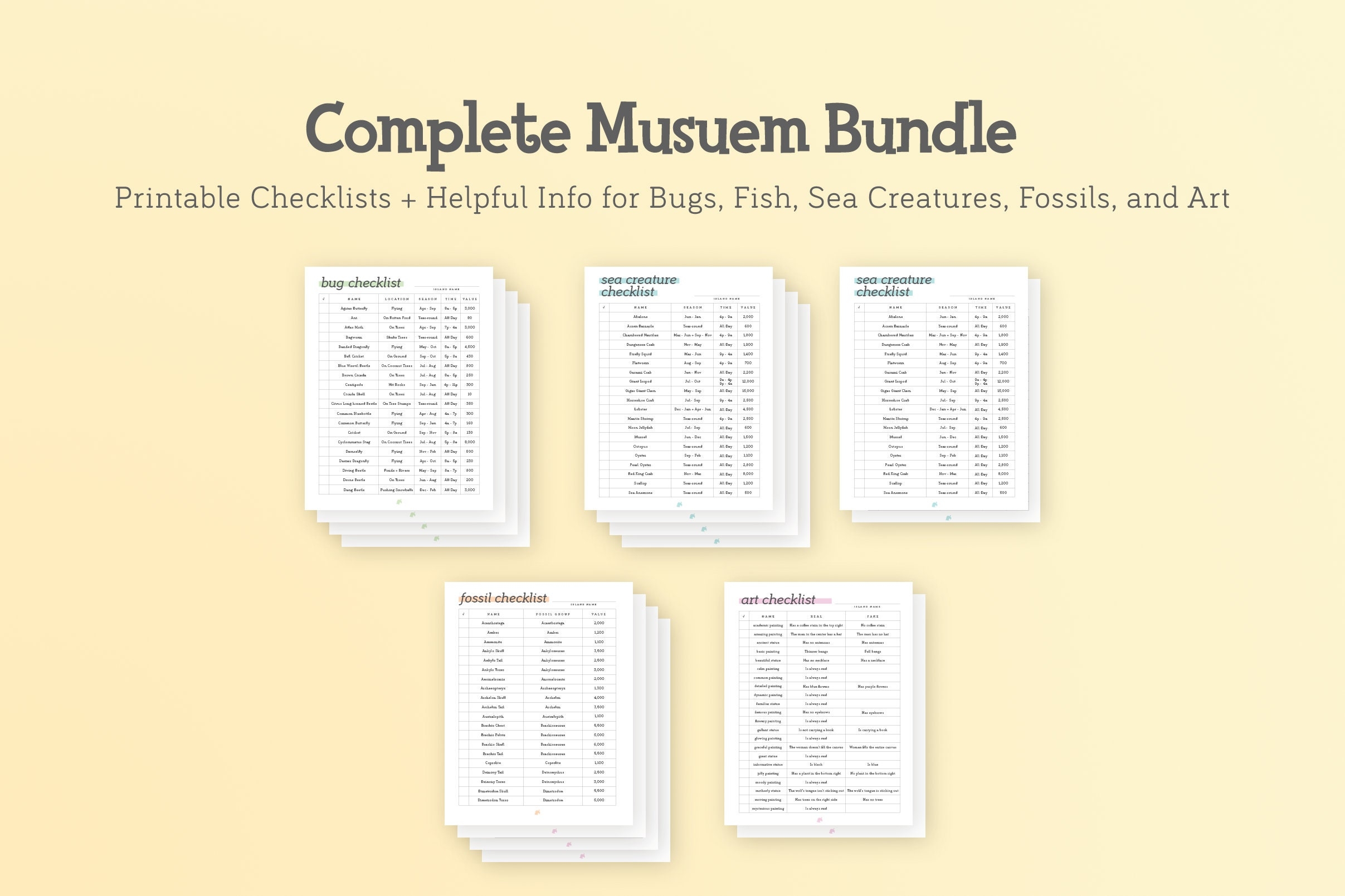 Minimalist ACNH Complete Museum Checklist Bundle Printable Bug Fish Sea Creature Fossil Art Lists Digital Download A4 Goodnotes Etsy