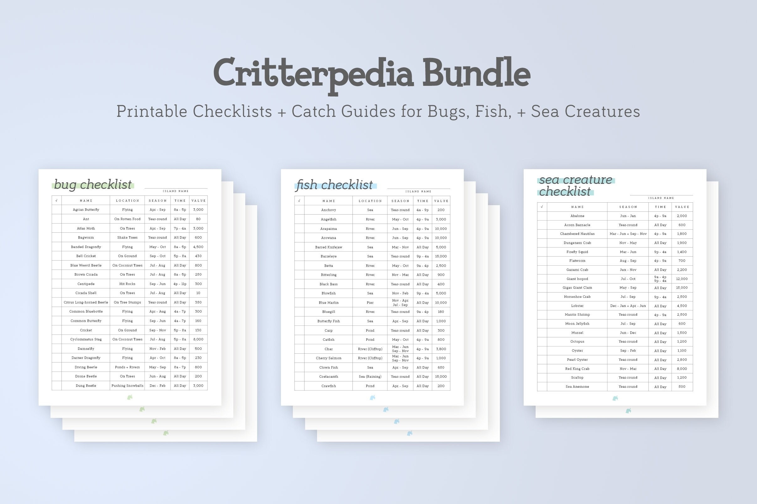 Minimalist ACNH Critterpedia Checklist Catch Guide Bundle Printable Bug Fish Sea Creature Lists Digital Download A4 Goodnotes Etsy Israel