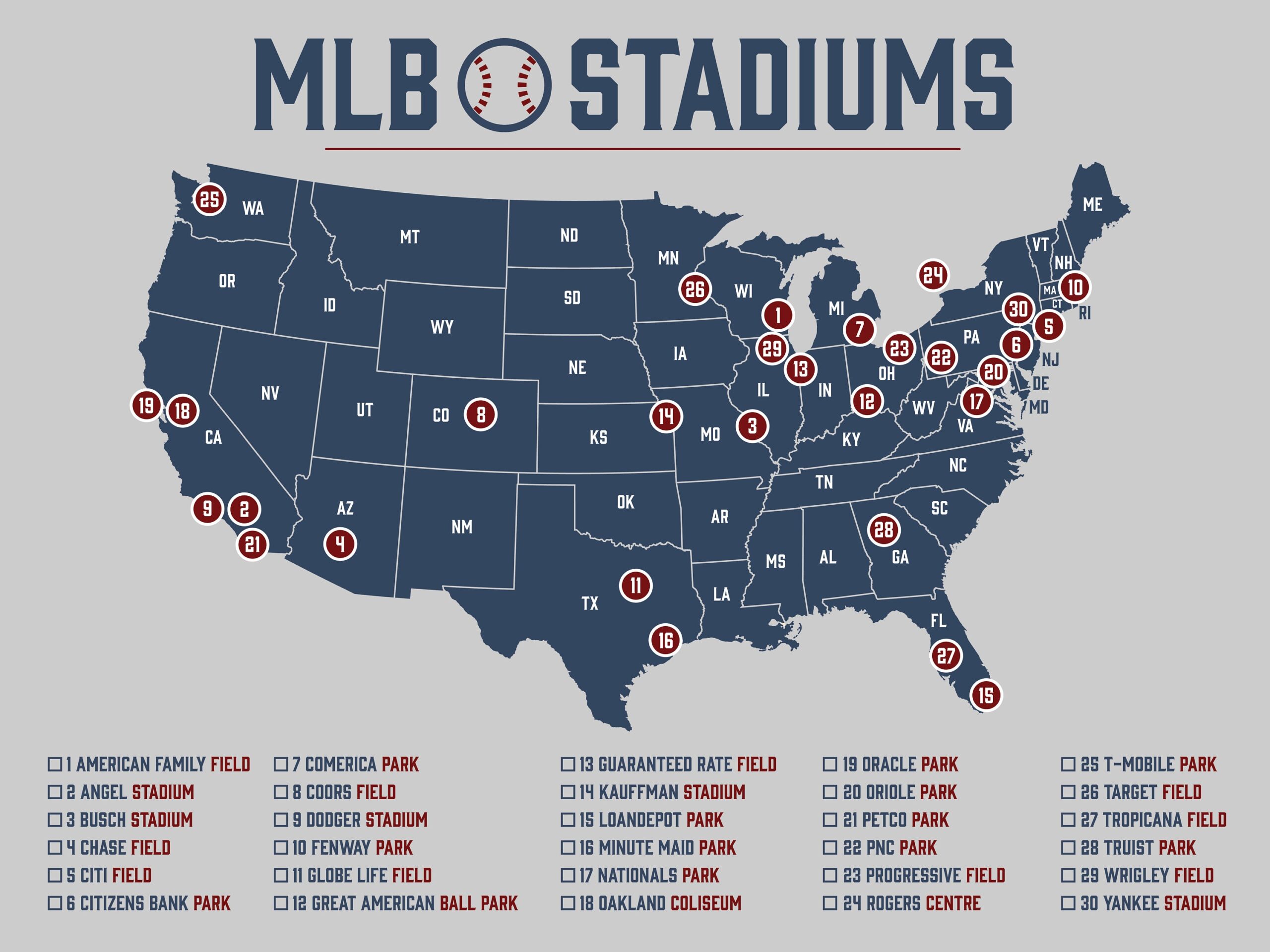 MLB Stadium Map Baseball Stadium Map Ballpark Map MLB Stadium Checklist Etsy Norway
