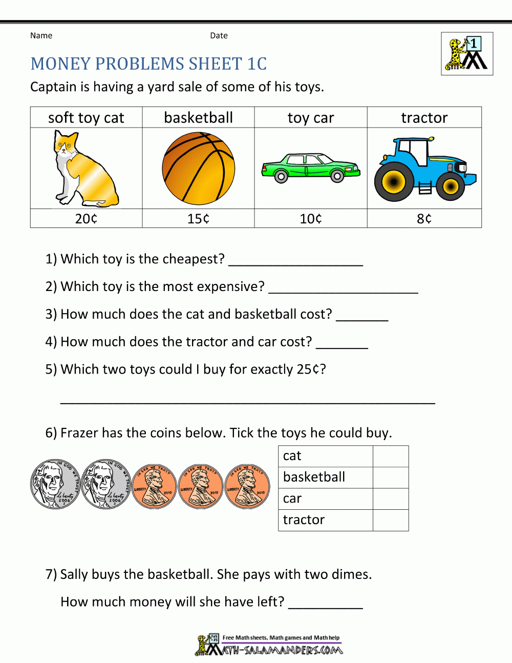 Money Worksheets For First Grade