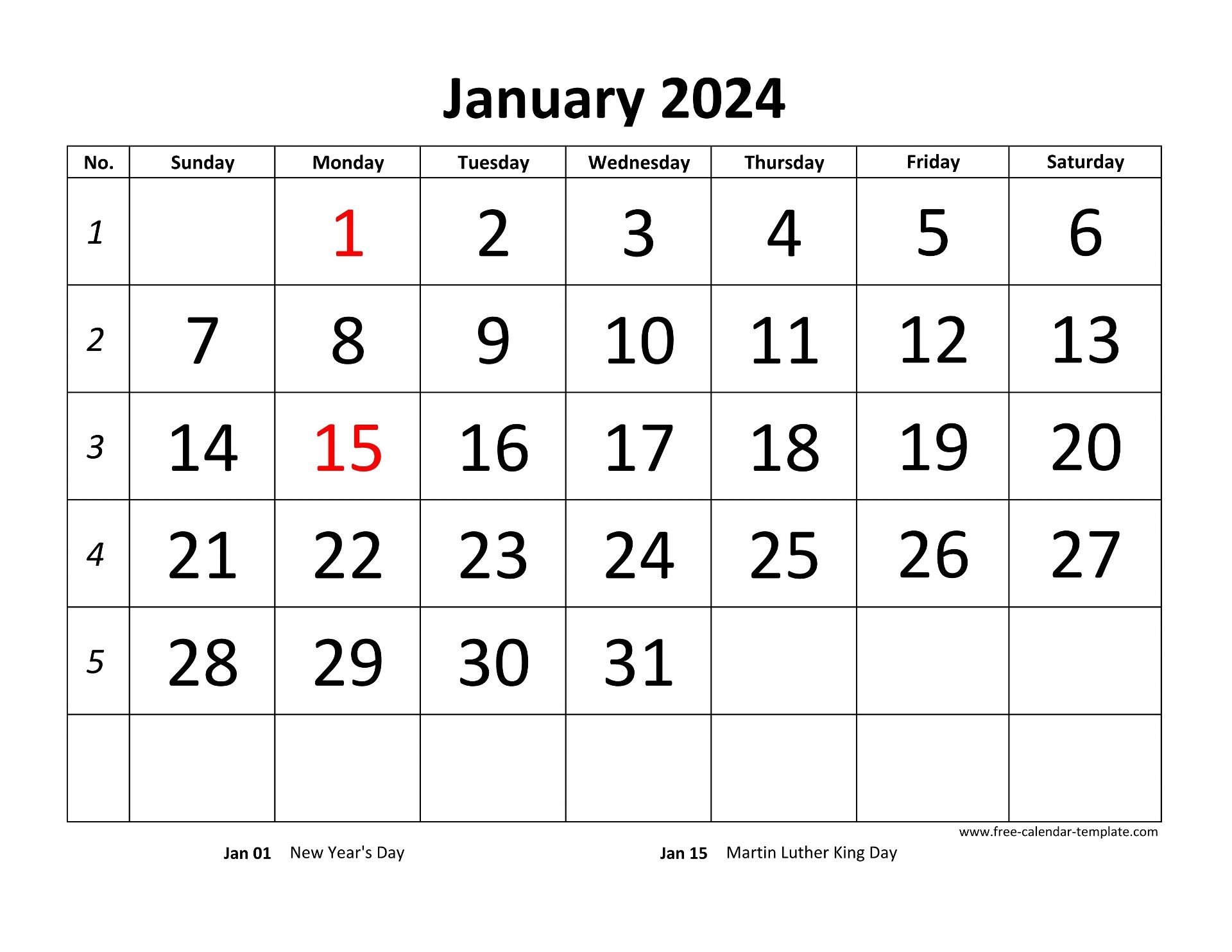 Monthly 2024 Calendar Designed With Large Font horizontal Free calendar Template
