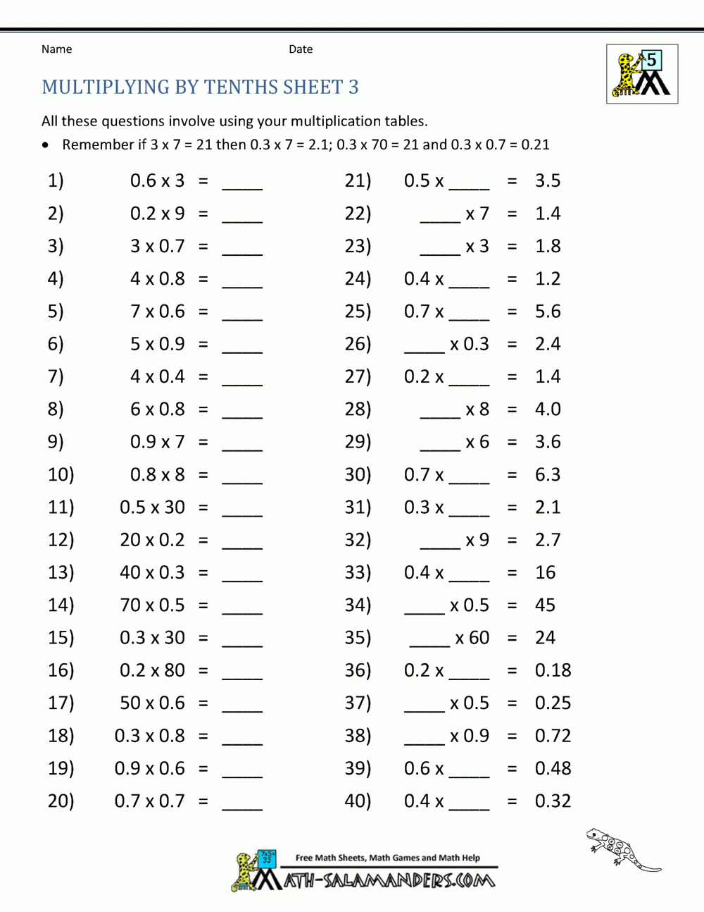 multiplication of decimals worksheets grade 6