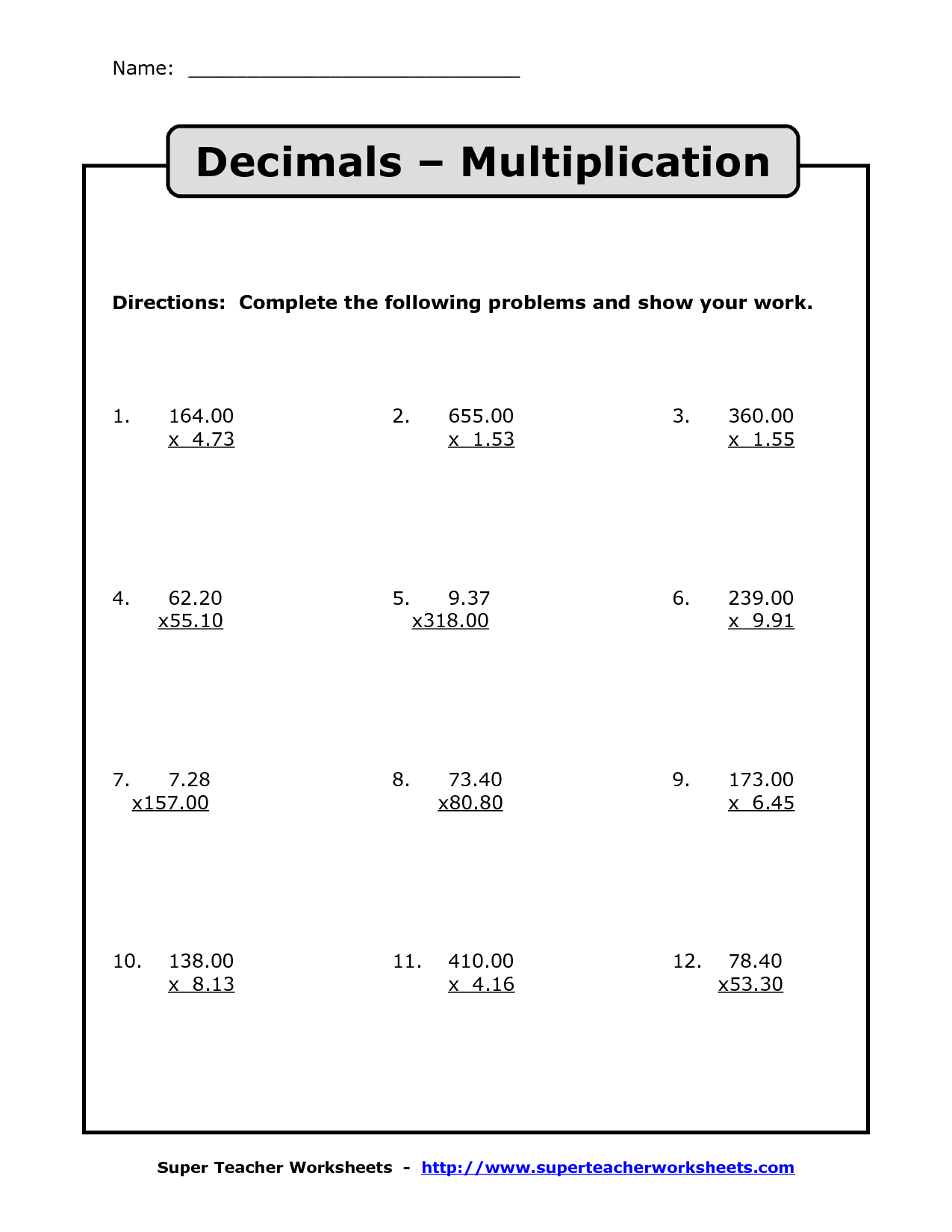 Multiplying Decimals Multiplication With Decimals Worksheets Worksheets Library