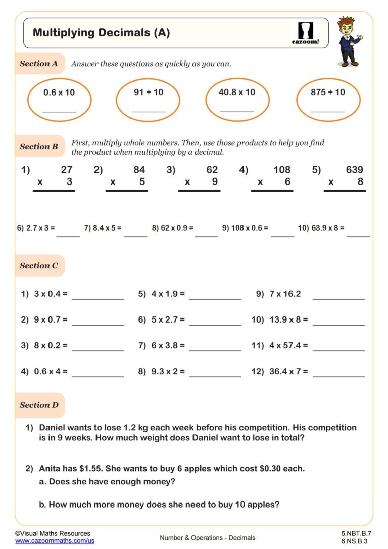 Multiplying Decimals Worksheet PDF Printable Number Operations Worksheet
