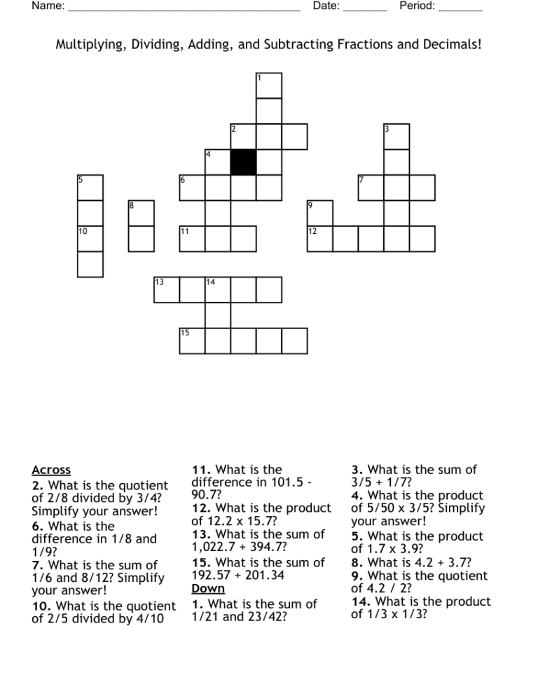 Multiplying Dividing Adding And Subtracting Fractions And Decimals Crossword WordMint