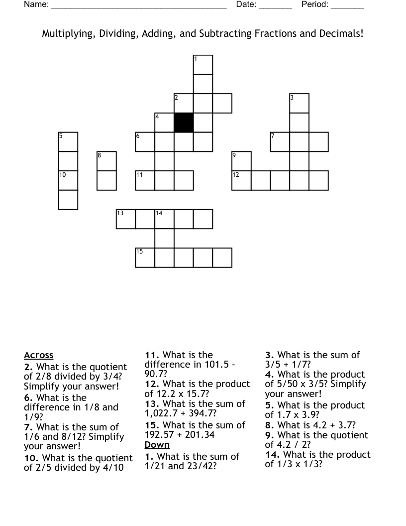 Multiplying Dividing Adding And Subtracting Fractions And Decimals Crossword WordMint Multiplying Dividing Adding And Subtracting Fractions And Decimals Crossword WordMint