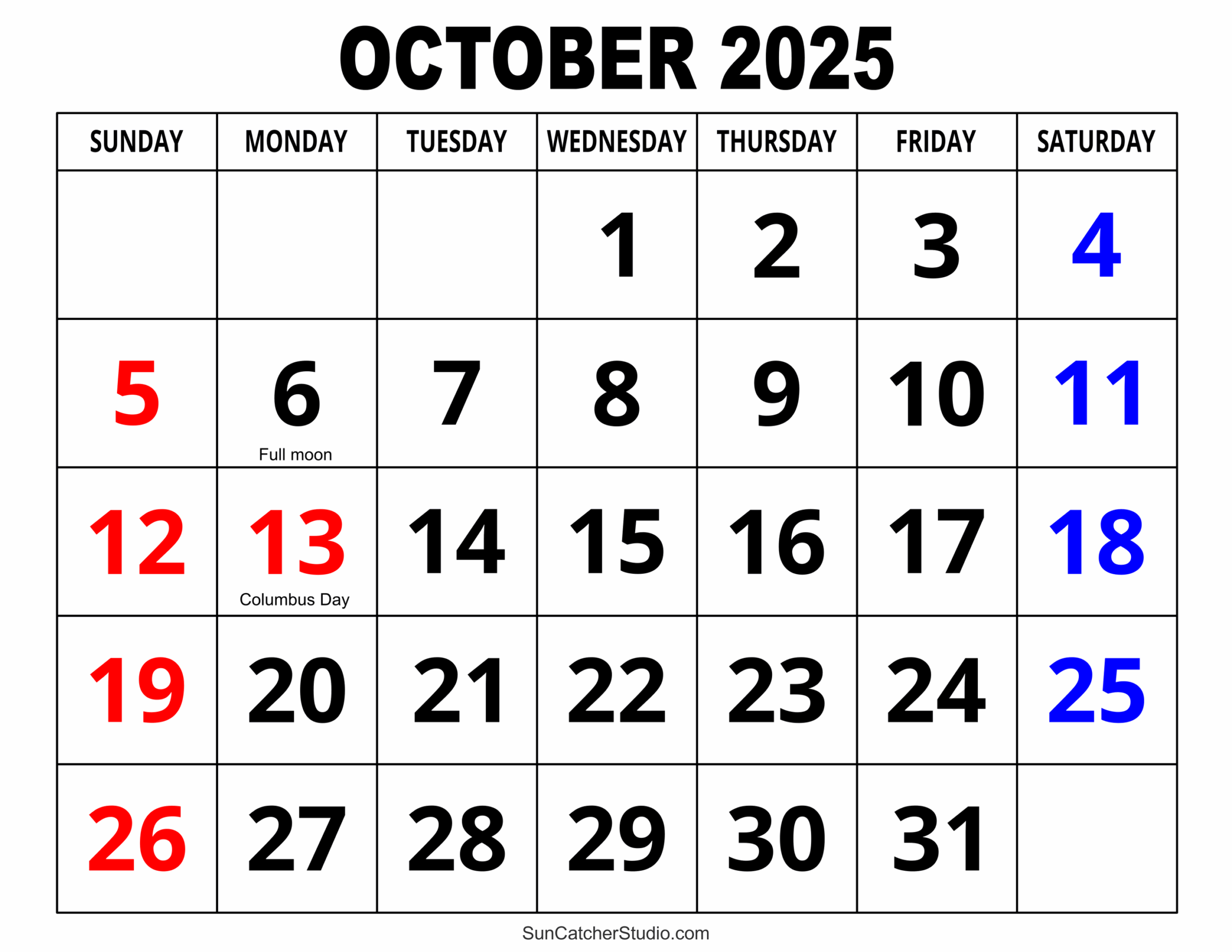 october blank calendar 2025