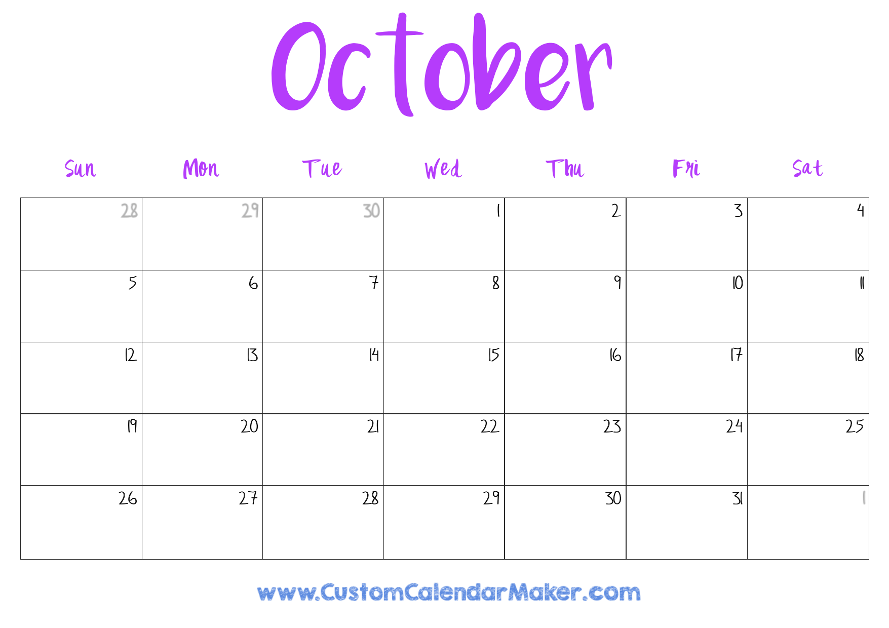 blank calendar october 2025 free printable