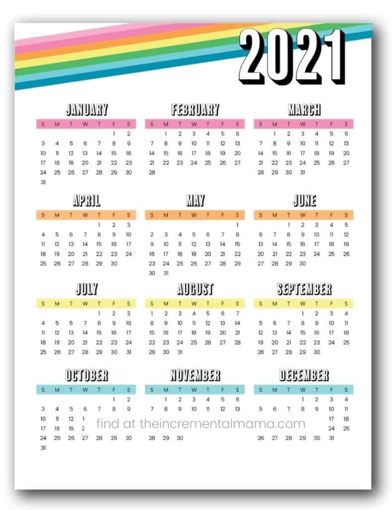 One Page Rainbow 2021 Calendar Free Printable 