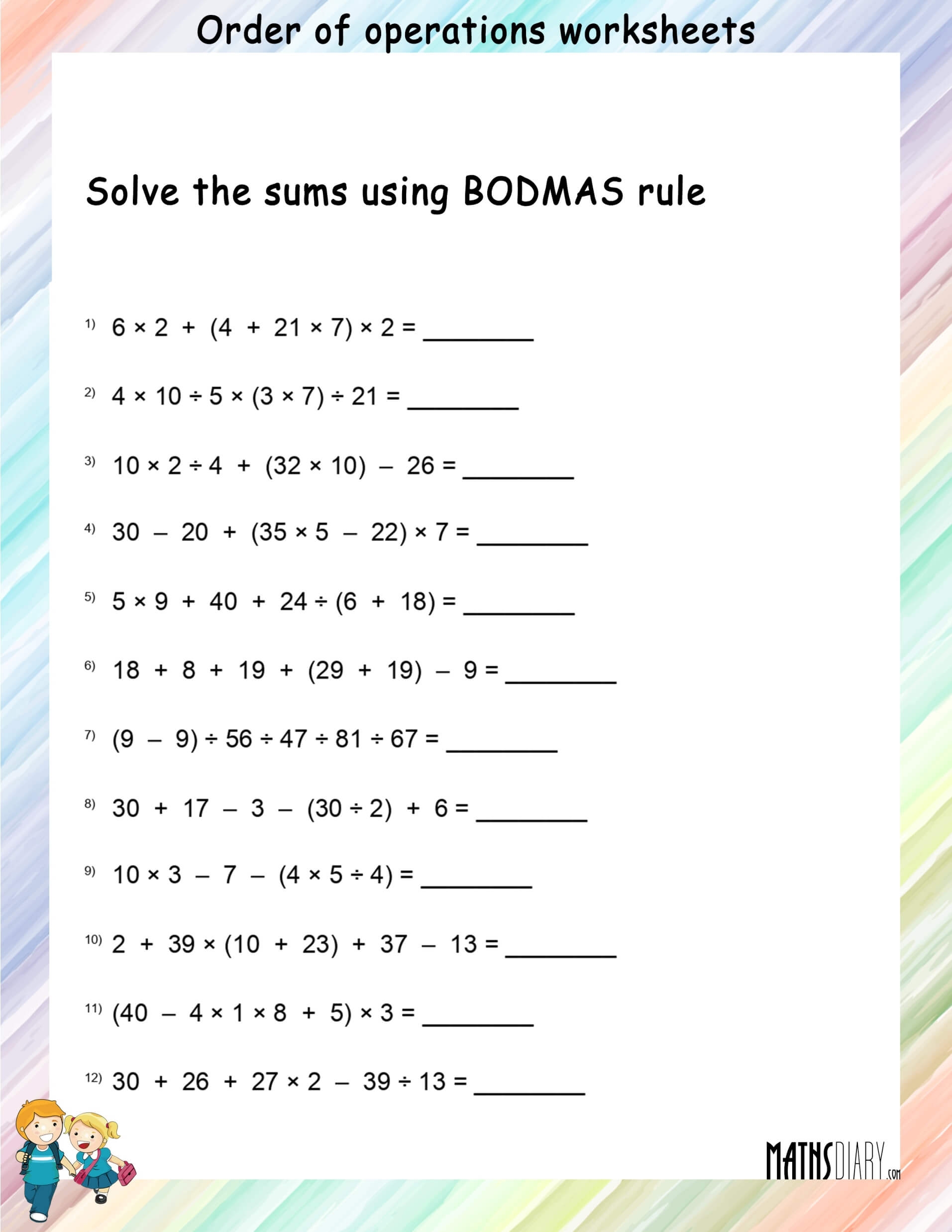 6th grade order of operations worksheet
