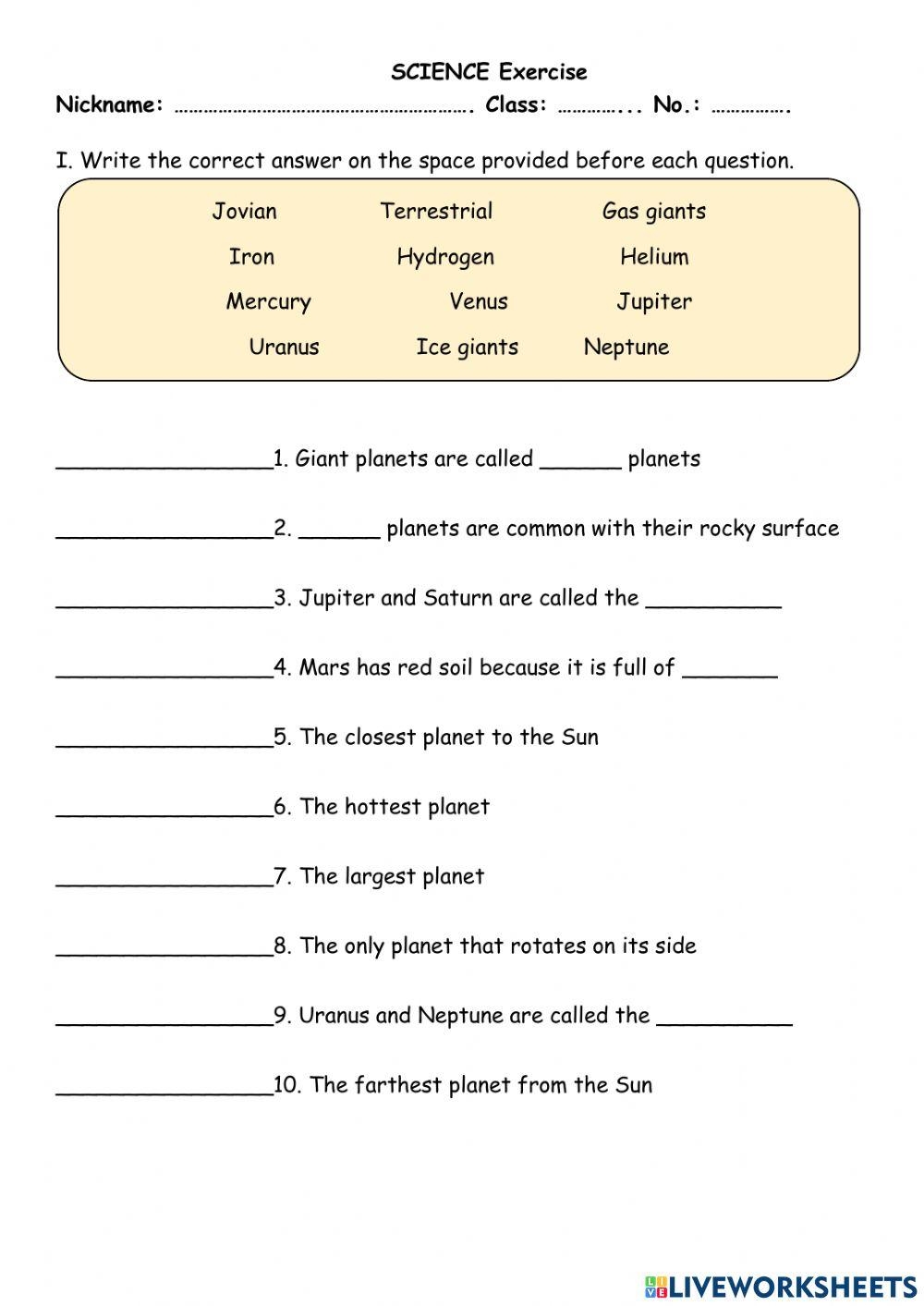 Planets Interactive Activity For Grade 5 Live Worksheets Worksheets Library