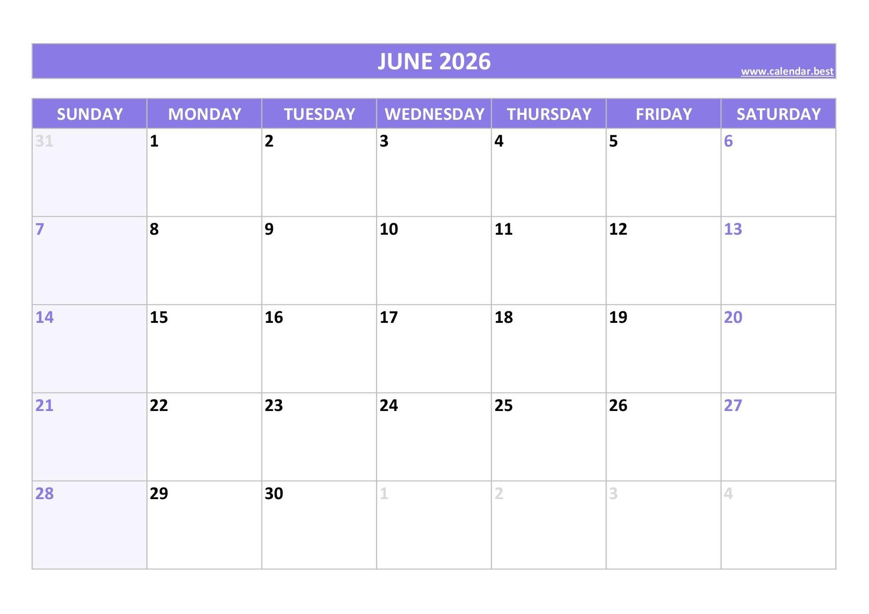 Printable 2026 Monthly Calendar Calendar best