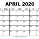 Printable April 2026 Calendar