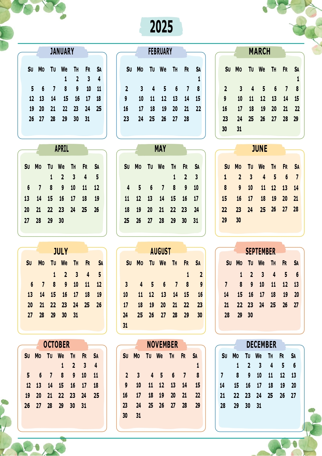 printable yearly calendar 2025 free