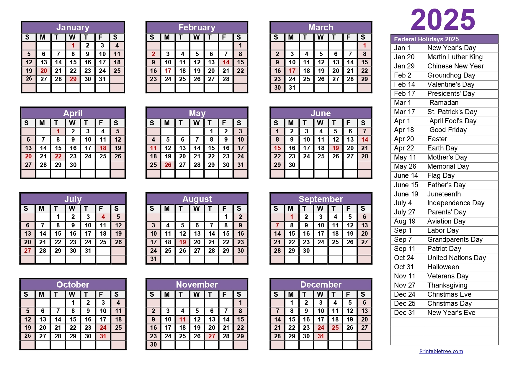 2025 calendar printable template free