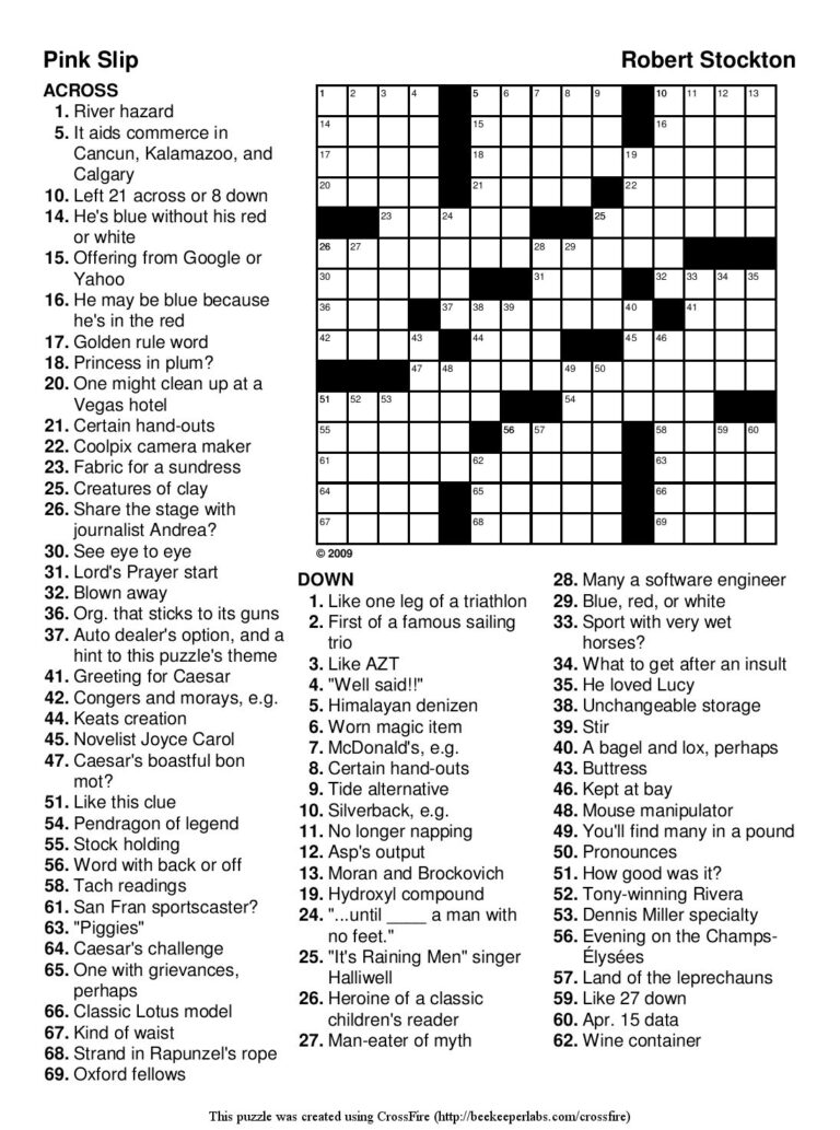 Printable Crossword Puzzles For Adults With Answers