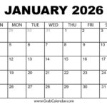 Printable January 2026 Calendar