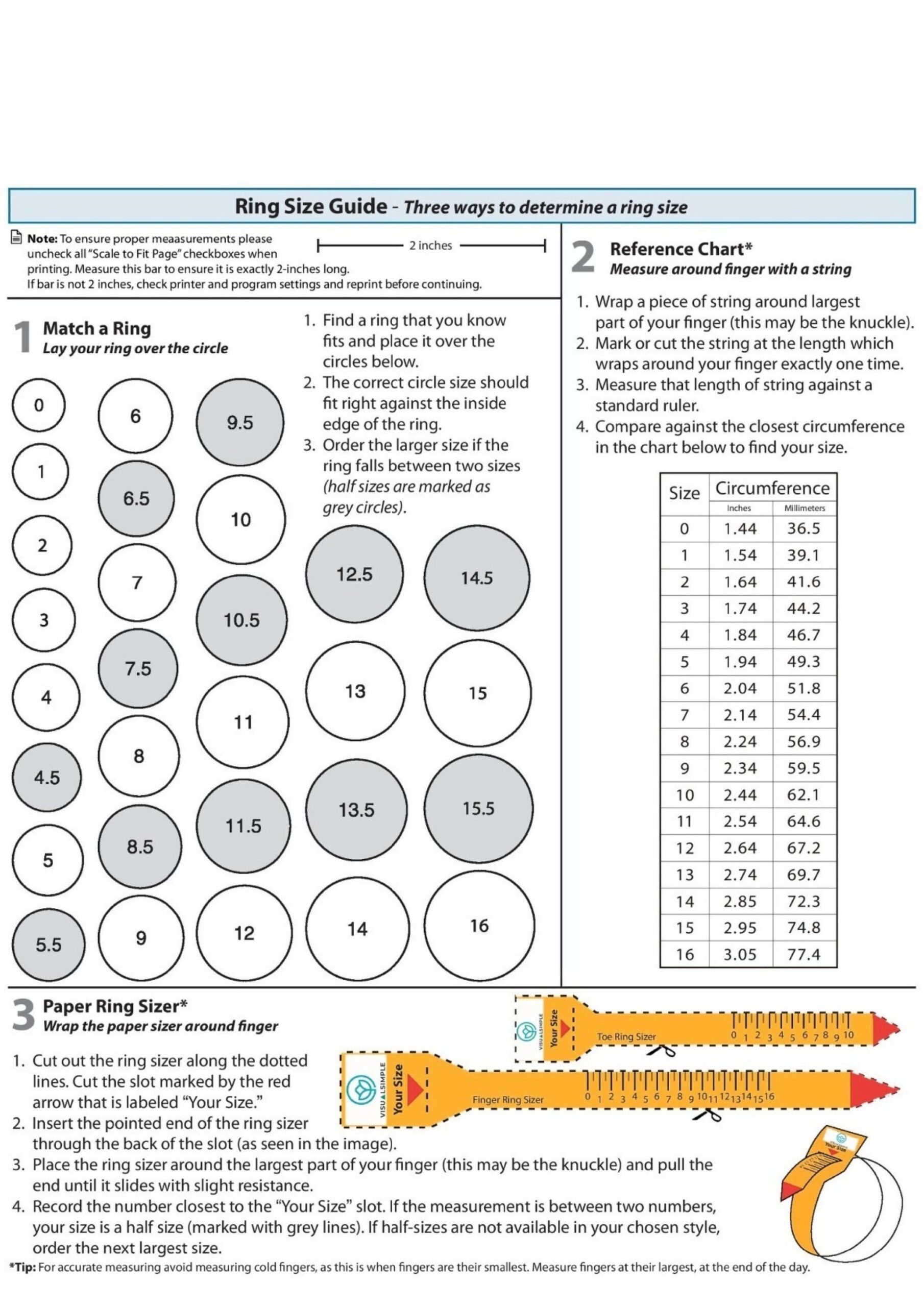 printable ring size chart