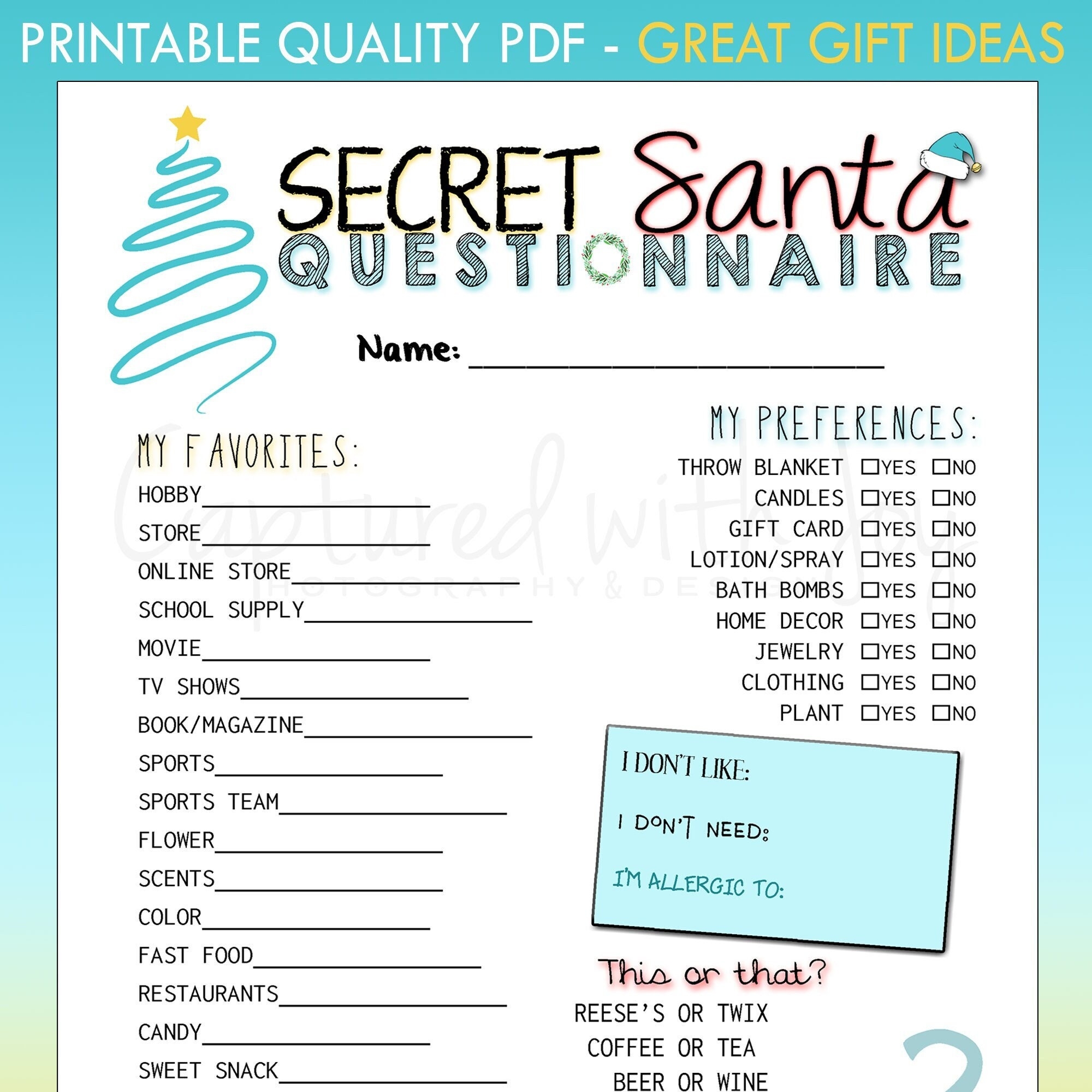 free printable secret santa questions