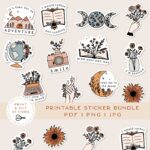 Printable Stickers Bundle Floral Vinyl Sticker Laptop Decal Moon Book Star Clipart Botanical Cricut PNG Stickers Print Cut Sticker Etsy