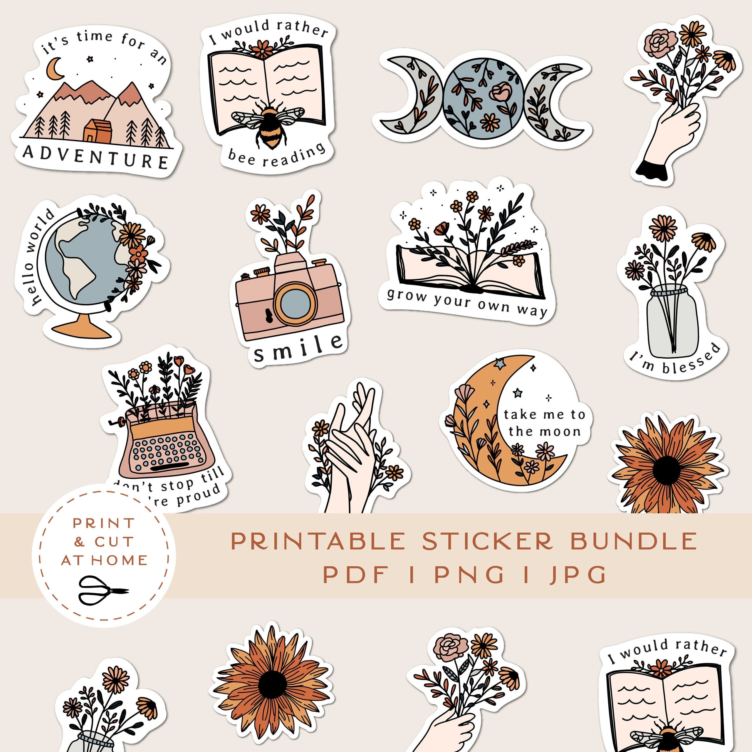 Printable Stickers Bundle Floral Vinyl Sticker Laptop Decal Moon Book Star Clipart Botanical Cricut PNG Stickers Print Cut Sticker Etsy