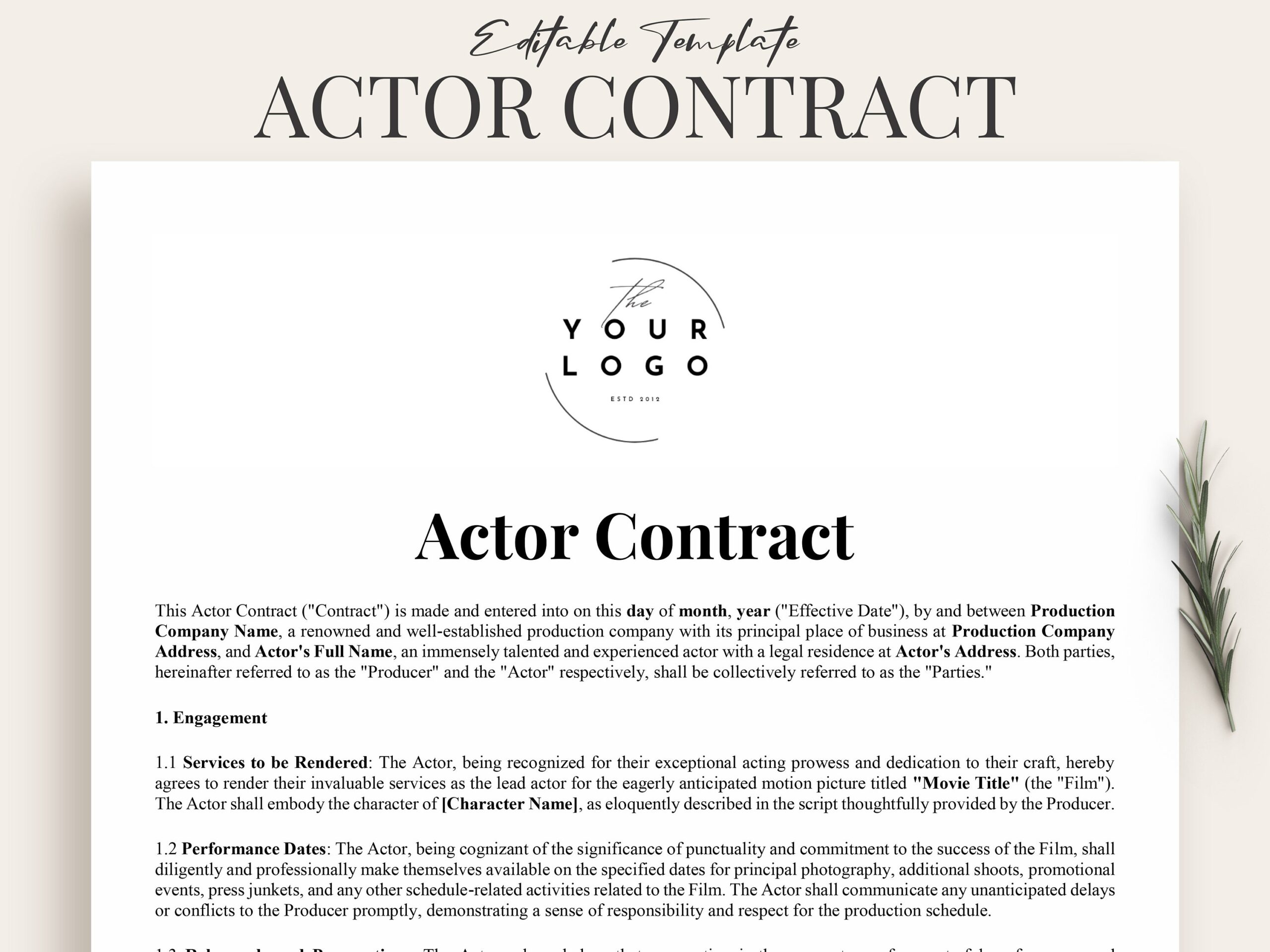 Professional Actor Contract Template Film Production Agreement Actor Agreement Form Customizable Template Instant Download Etsy