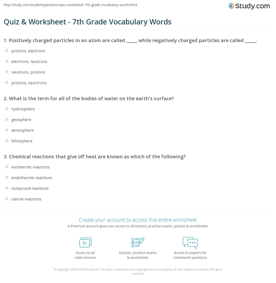 Quiz Worksheet 7th Grade Vocabulary Words Study Worksheets Library
