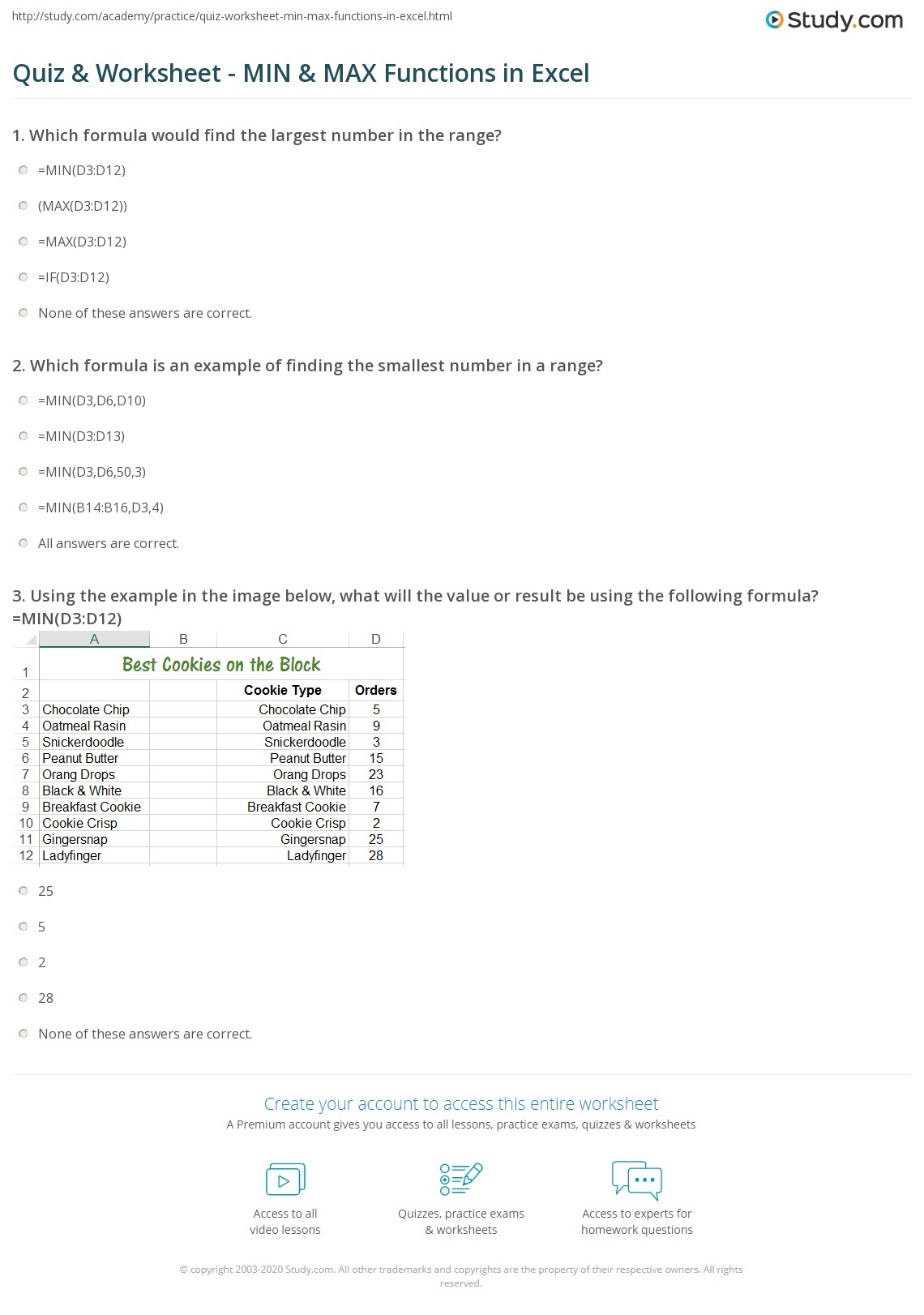 Quiz Worksheet MIN MAX Functions In Excel Study