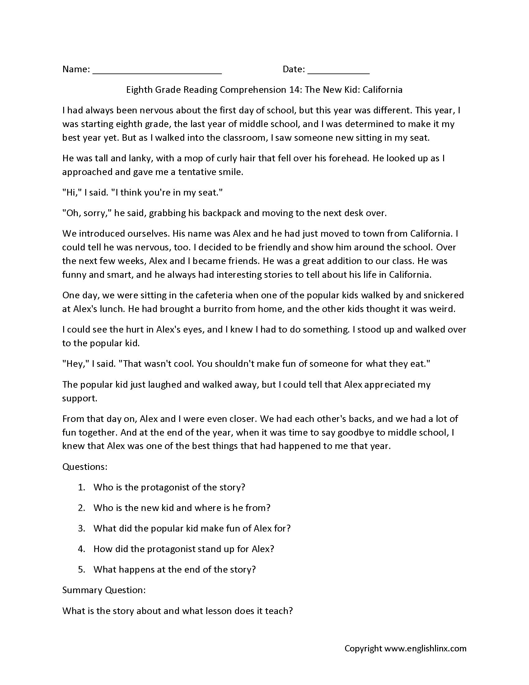 Reading Comprehension Worksheets Eighth Grade Reading Comprehension Worksheets