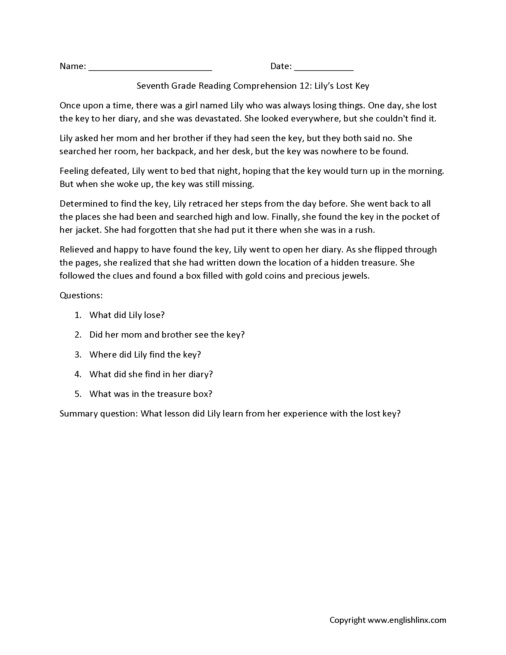 reading comprehension worksheets 7th grade