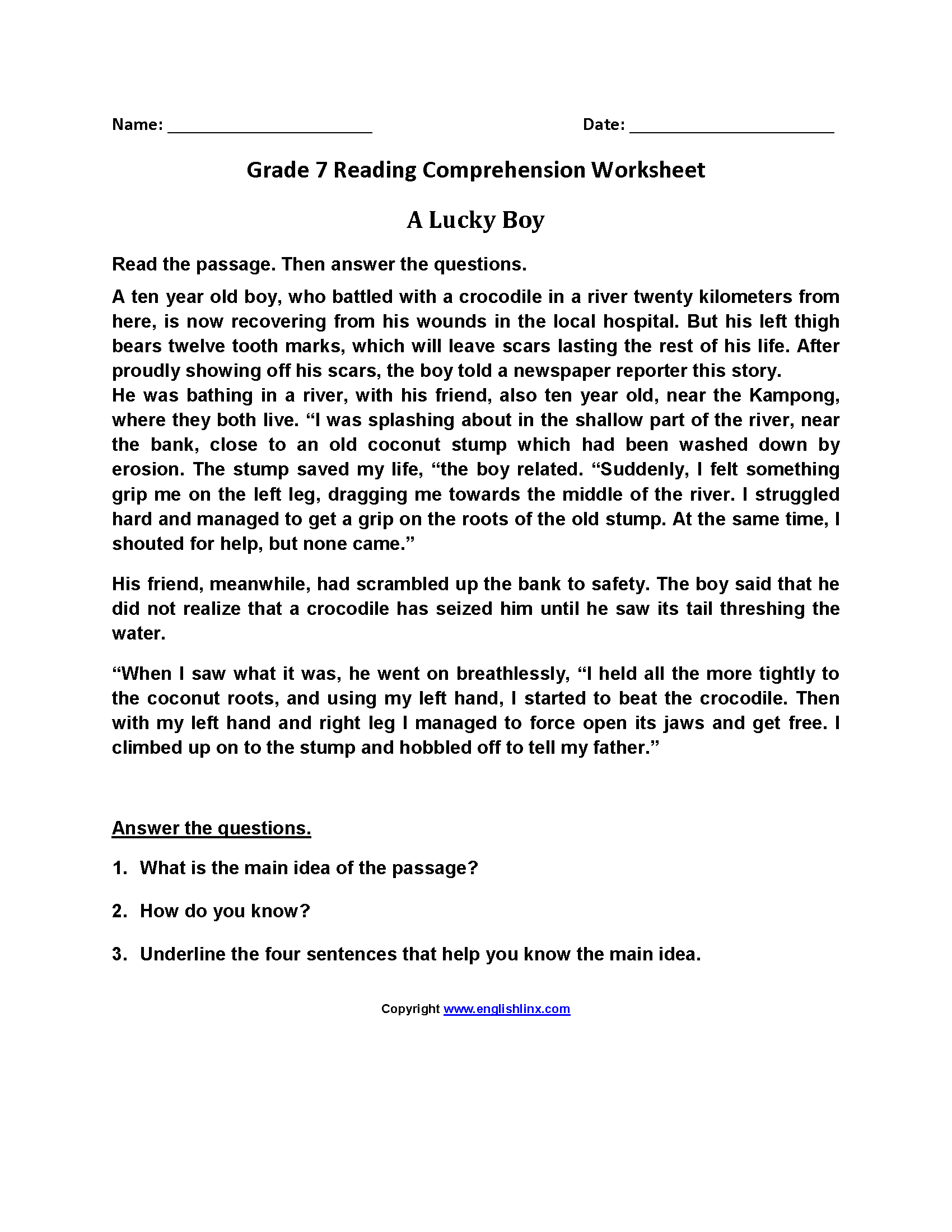 7th grade reading comprehension worksheets