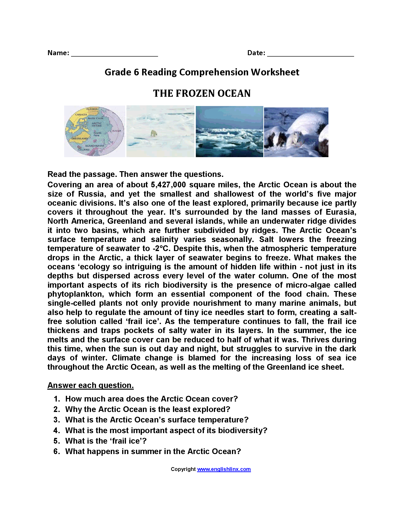 6th grade comprehension worksheets