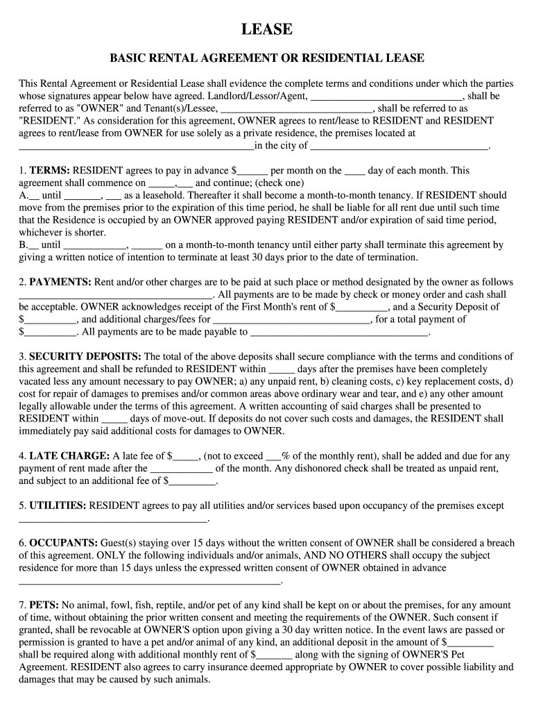 free printable basic rental agreement fillable