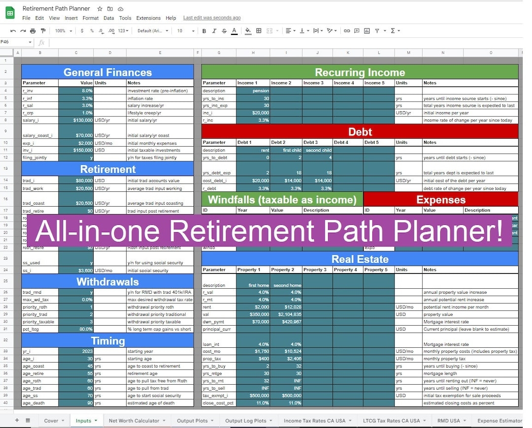 Retirement Planner V2 1 All in one Retirement Financial Planning Google Sheet And Excel Template Etsy