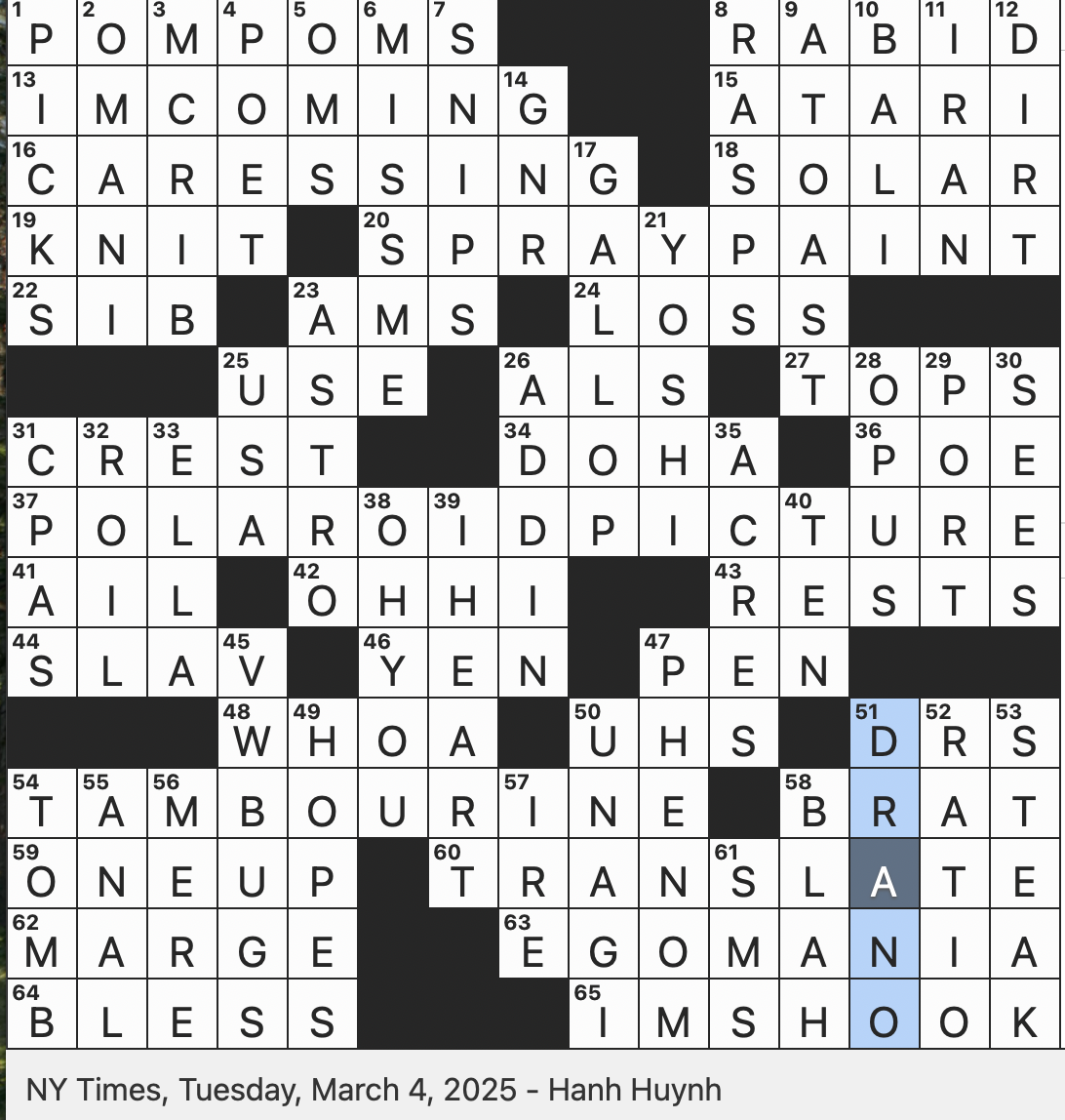 Rex Parker Does The NYT Crossword Puzzle Make Two Dos Say TUE 3 4 25 Green and white Sidekick Of Video Games Start Of Many Souvenir Slogans Feature Of A Cockatoo