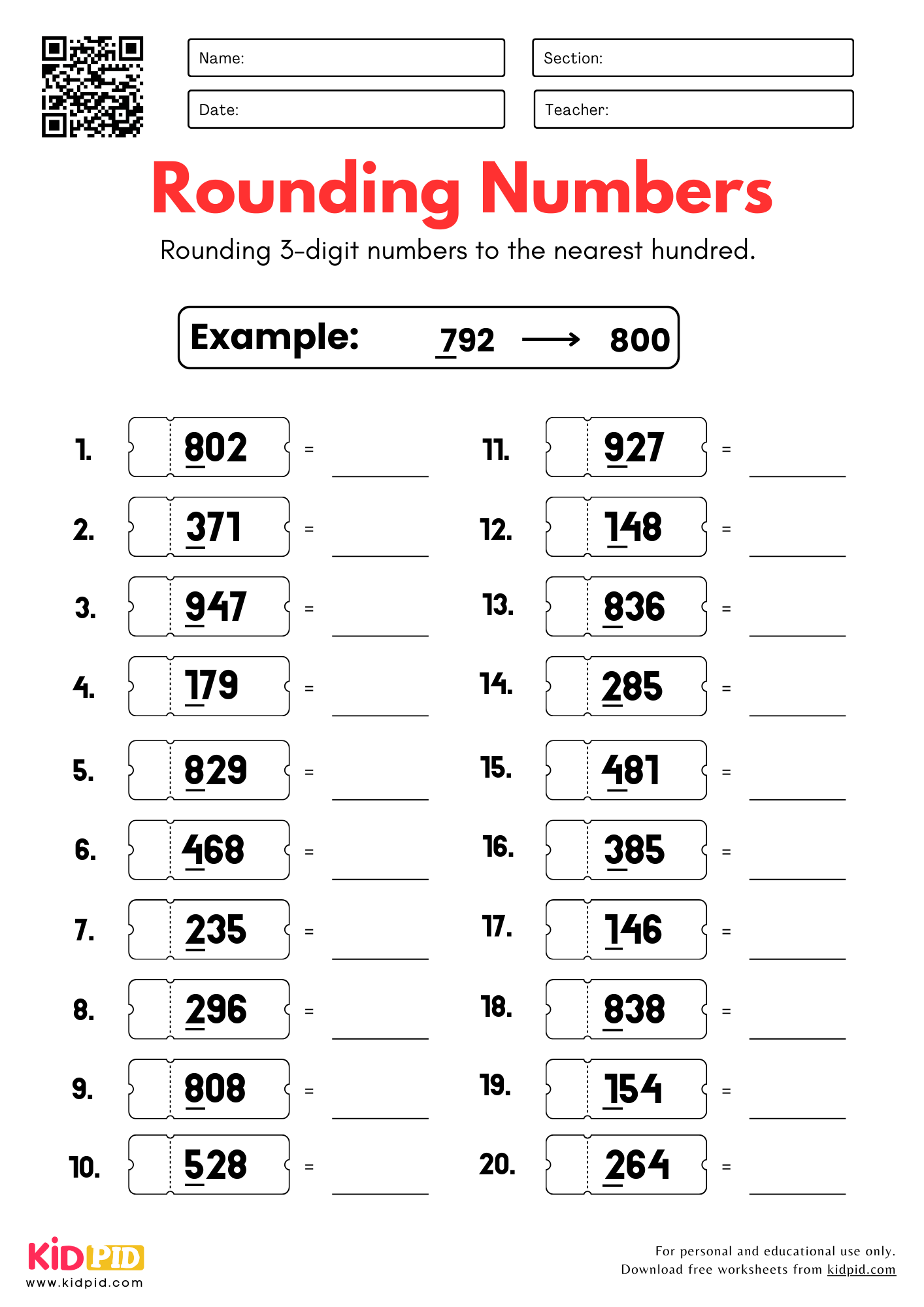 Rounding 3 Digit Numbers To Nearest 100 Worksheet For Grade 3 Kidpid